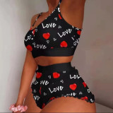 Women Summer Letter Print Tight Fit Pajama Set Cute Sleepwear