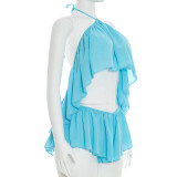 Women Sexy Halter Neck Lace Backless Top and Shorts Two-Piece Set