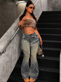 Women Frayed Flared Denim Pants Streetwear Bell Bottom Jeans