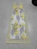Women French Sexy Lace Patchwork Print Holidays Irregular Slit Hollow-Out Strap Dress