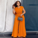 Women Spring V Neck Pleated Slim Fit Wide Leg Jumpsuit Elegant Office Outfit