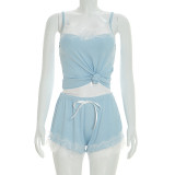 Women Spring/Summer Lace Camisole Top and Shorts Casual Two-Piece Set