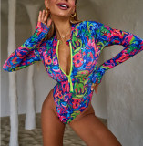 Women Long Sleeve Zipper Sun Protection Mesh One Piece Swimsuit Swimwear
