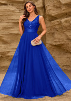 Patchwork Elastic Waist Sleeveless Double V Neck Evening Gown with Embroidered Tulle Elegant Long Swing Party Dress Patchwork Elastic Waist Sleeveless Double V Neck Evening Gown with Embroidered Tulle Elegant Long Swing Party Dress