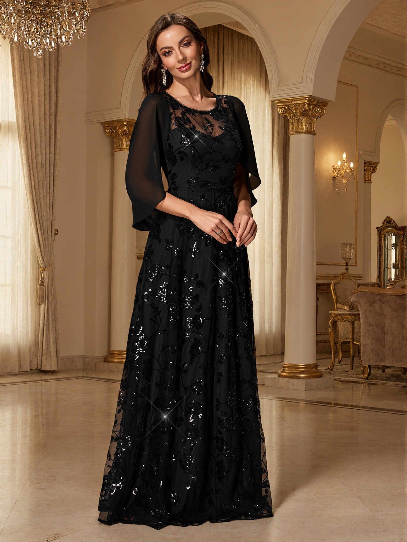 Mesh Sequin Round Neck A-Line Cape Maxi Evening Gown