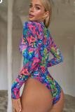 Women Long Sleeve Zipper Sun Protection Mesh One Piece Swimsuit Swimwear