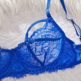 Women Sexy See Through Lace Hollow Out Three Piece Lingerie Set Nightwear