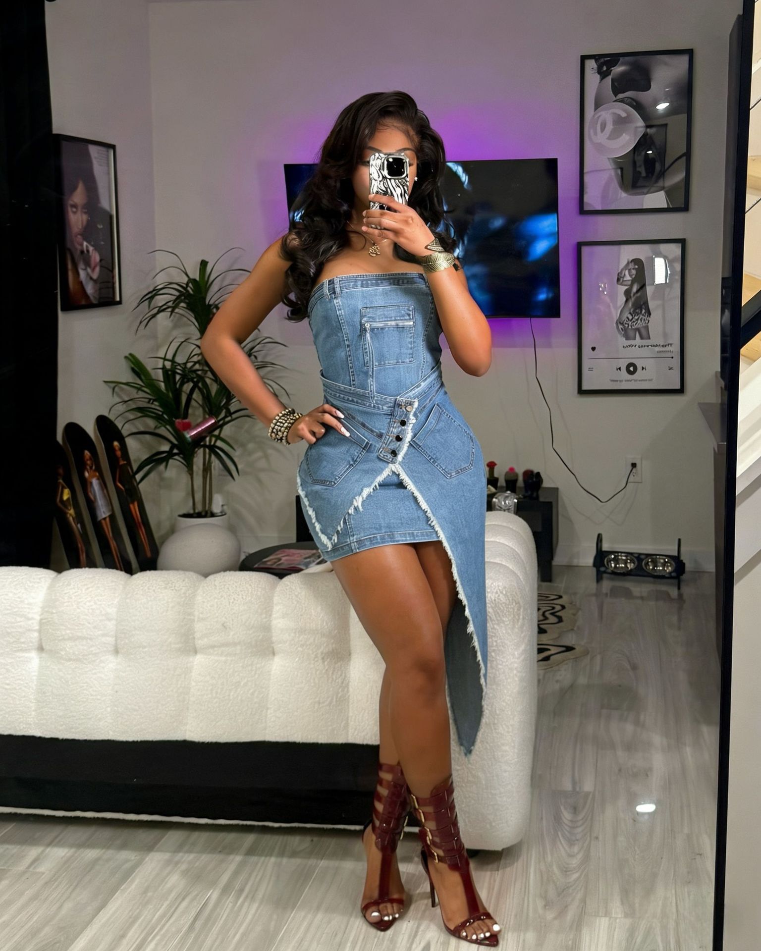 Strapless Denim Irregular Stretch Bodycon Dress for Streetwear