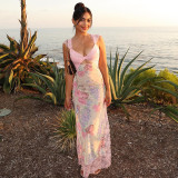 Women French Sexy Lace Patchwork Print Holidays Irregular Slit Hollow-Out Strap Dress