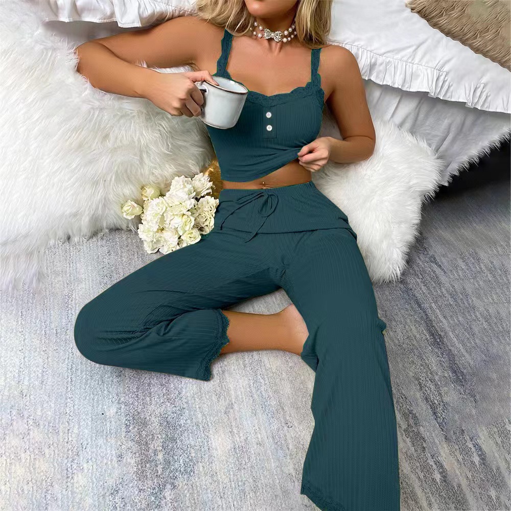 Lace Trim Camisole & Pants Two-Piece Pajama Lounge Set