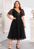 Women Spring Summer Double V Neck Mesh Plus Size Evening Dress Formal Party Gown
