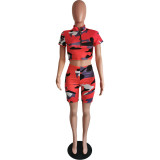 Women Sexy Zipper High Waist Camouflage Short Sleeve Two Piece Set Streetwear Sport Outfit