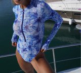 Women Long Sleeve Zipper Sun Protection Mesh One Piece Swimsuit Swimwear