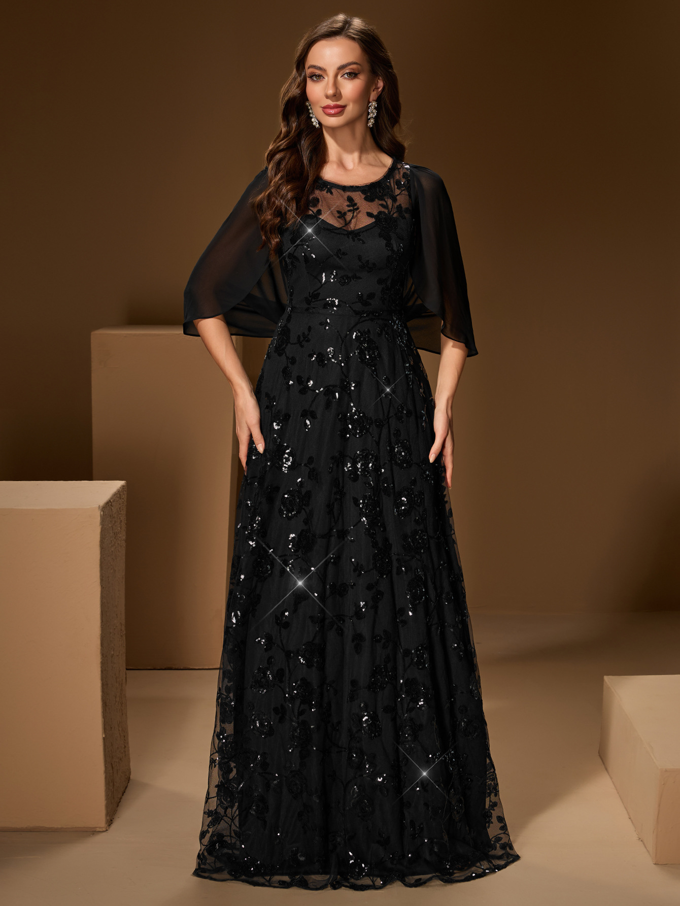 Mesh Sequin Round Neck A-Line Cape Maxi Evening Gown