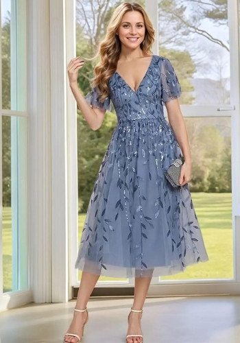 Women Sequin Embroidered V Neck Short Sleeve Midi Evening Dress Prom Party Gown（Processing time need 3-6 days）