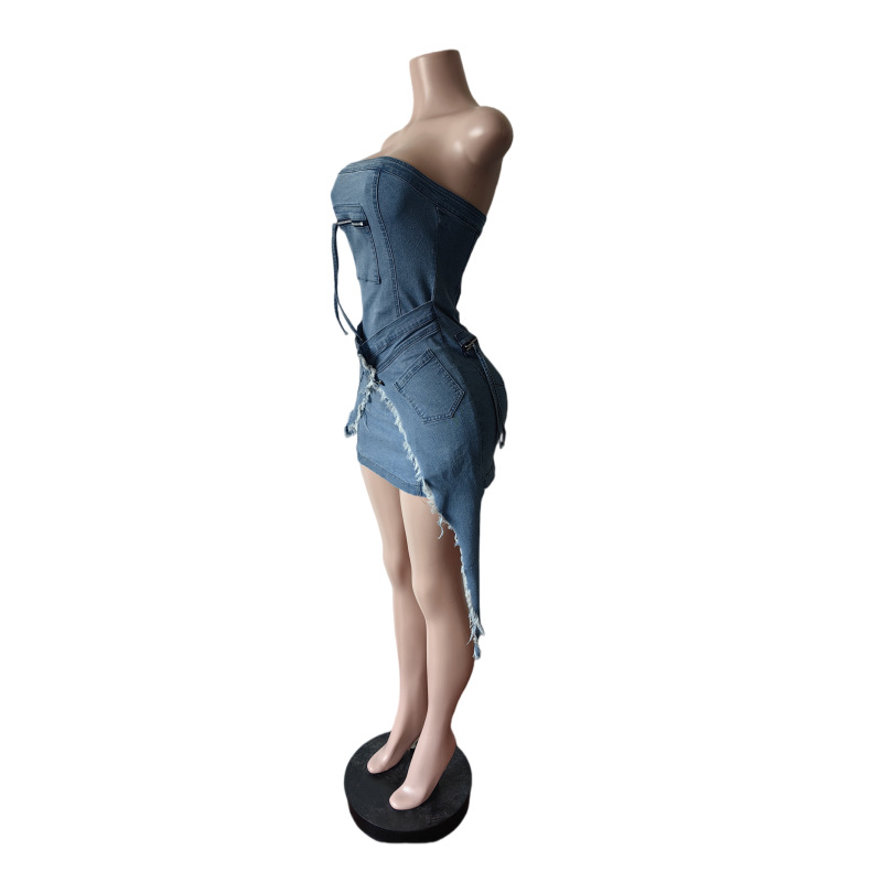 Strapless Denim Irregular Stretch Bodycon Dress for Streetwear