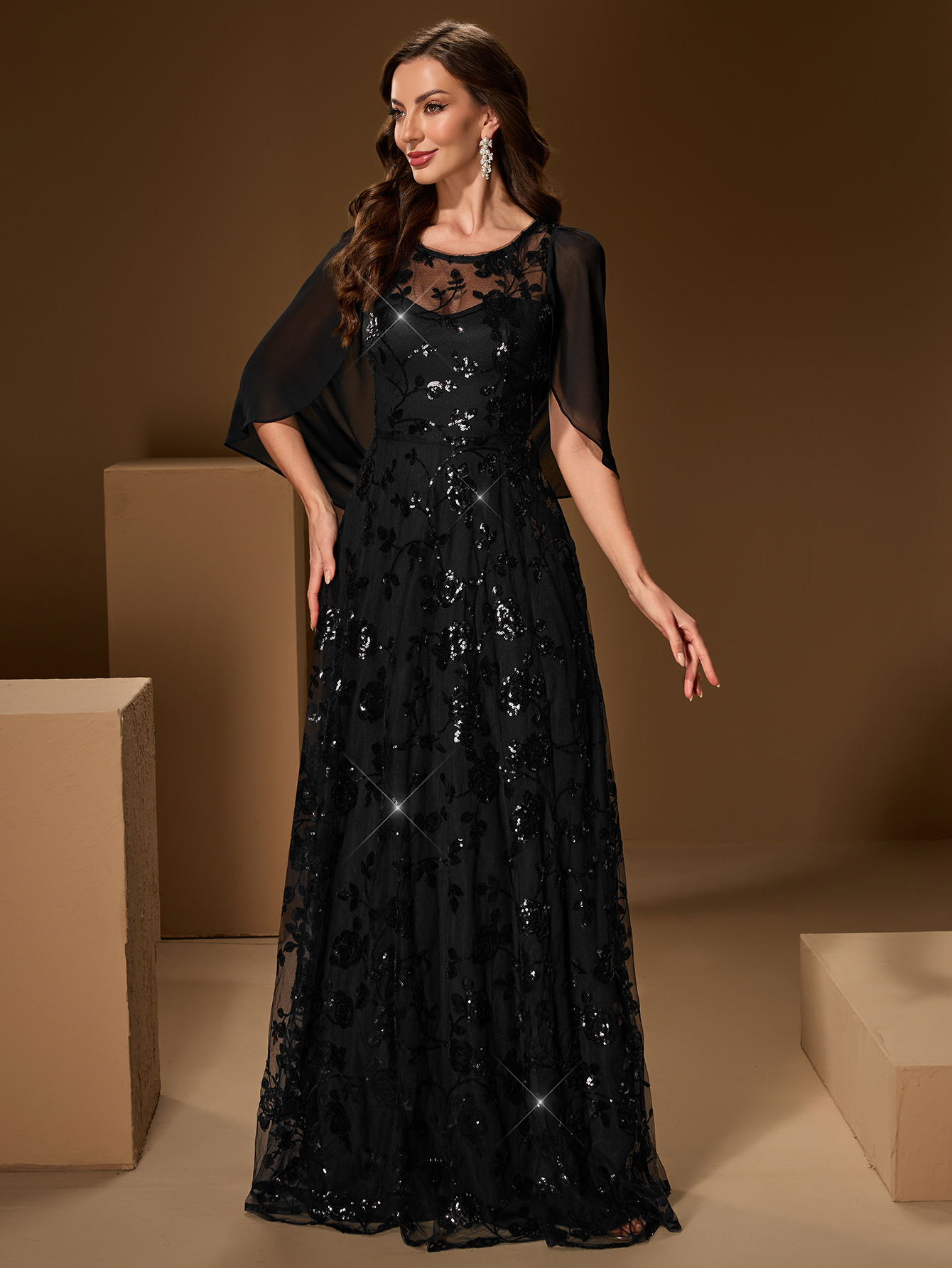 Mesh Sequin Round Neck A-Line Cape Maxi Evening Gown