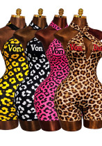 Women Fashion Cross Halter Neck Deep V Low Back Letter Print Jumpsuit Streetwear Outfit
