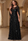 Women Mesh Sequin Round Neck A-Line Cape Maxi Dress Elegant Evening Gown