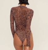 Women Long Sleeve Zipper Sun Protection Mesh One Piece Swimsuit Swimwear