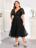 Women Spring Summer Double V Neck Mesh Plus Size Evening Dress Formal Party Gown