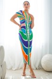 Women Printed V Neck Tight Fit Slit Vacation Dress