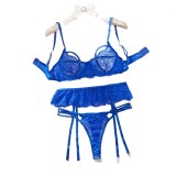 Women Sexy See Through Lace Hollow Out Three Piece Lingerie Set Nightwear