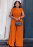 Women Spring V Neck Pleated Slim Fit Wide Leg Jumpsuit Elegant Office Outfit