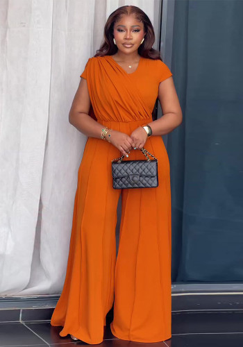Women Spring V Neck Pleated Slim Fit Wide Leg Jumpsuit Elegant Office Outfit