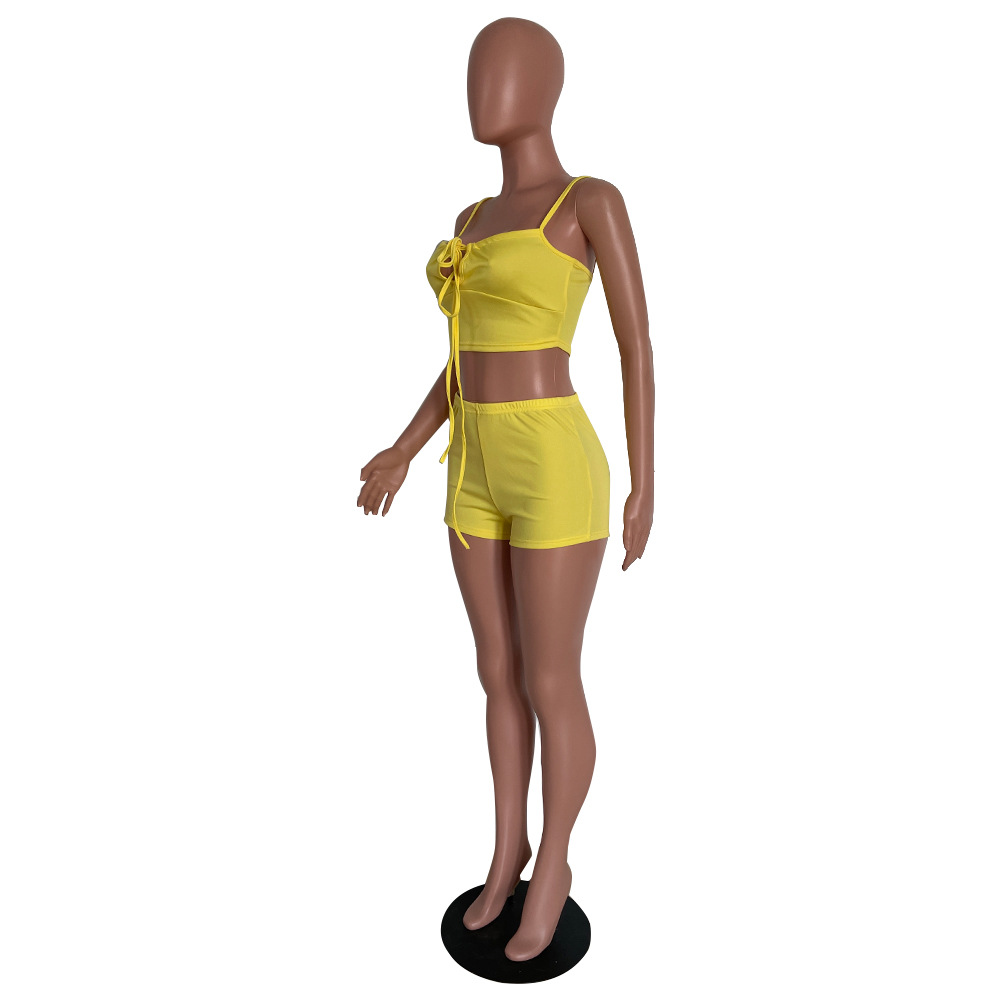 Lace-Up Patchwork Camisole & Pants Two-Piece Club Set
