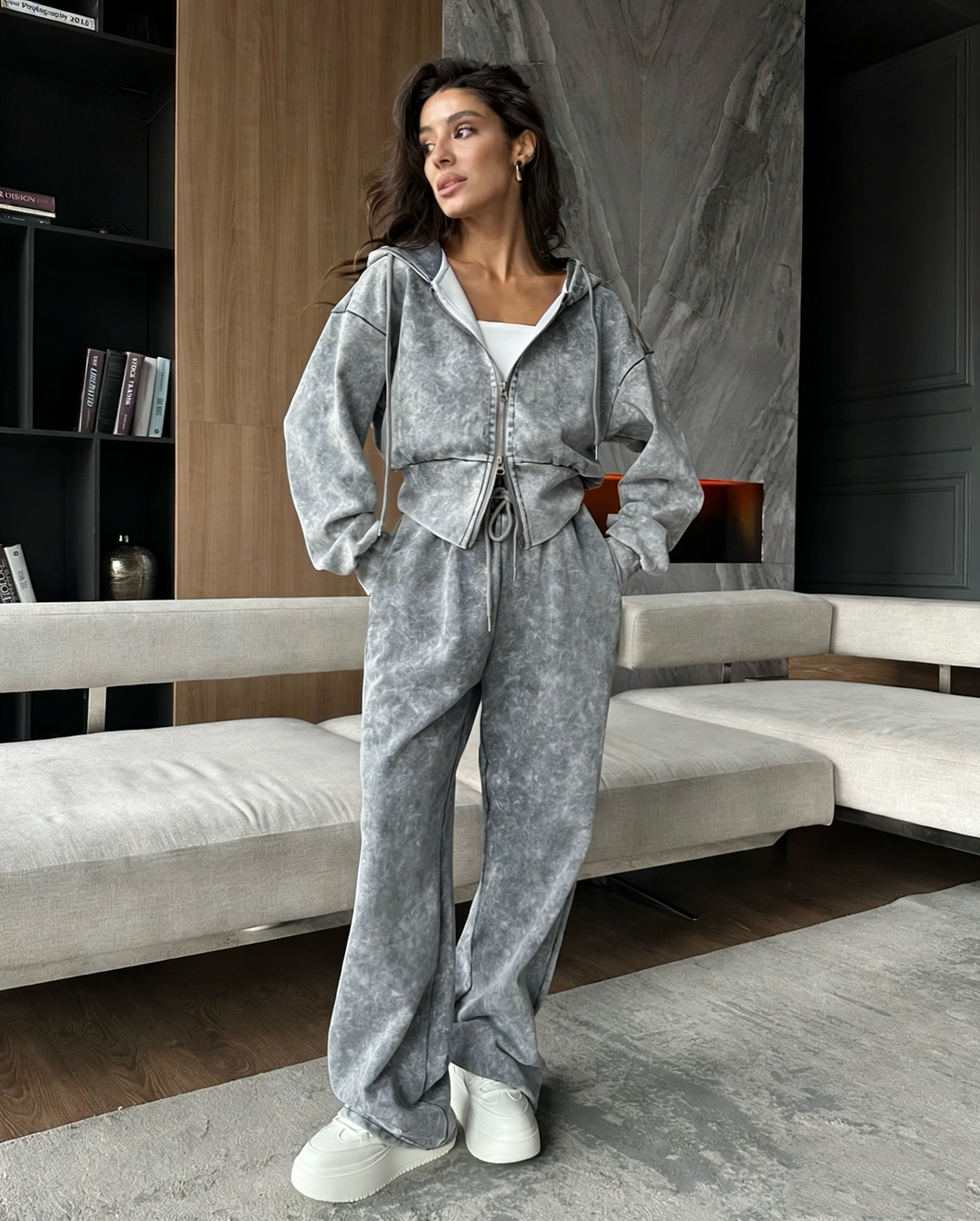 Washed Zip-Up Hoodie & Sweatpants Tracksuit Set for Streetwear