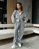 Women Washed Zip Up Hoodie Sweatpants Set Casual Streetwear Tracksuit