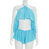 Women Sexy Halter Neck Lace Backless Top and Shorts Two-Piece Set