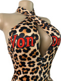Women Fashion Cross Halter Neck Deep V Low Back Letter Print Jumpsuit Streetwear Outfit