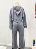 Women Washed Zip Up Hoodie Sweatpants Set Casual Streetwear Tracksuit