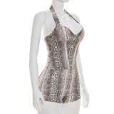 Women Sexy Snake Print Halter Neck Top and Shorts Two-Piece Set