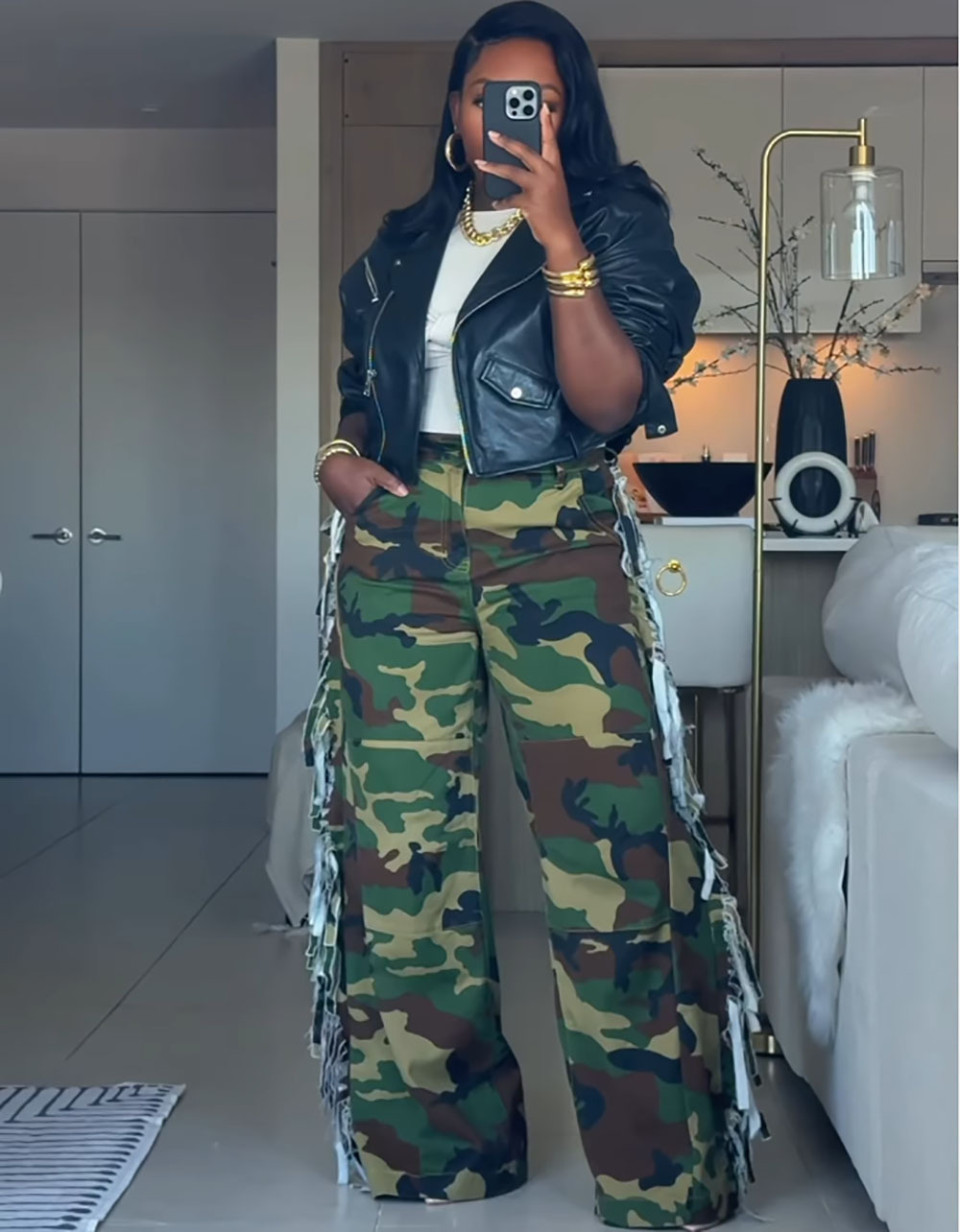 Camouflage Denim Wide Leg Cargo Jeans for Streetwear