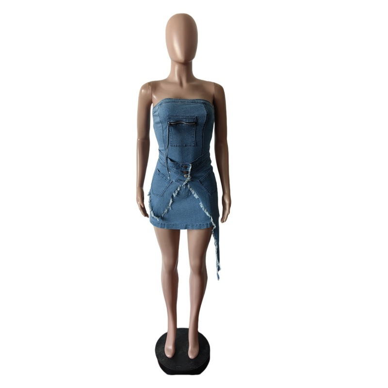 Strapless Denim Irregular Stretch Bodycon Dress for Streetwear