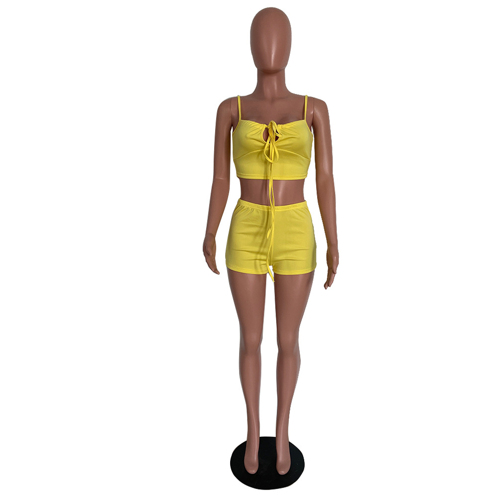 Lace-Up Patchwork Camisole & Pants Two-Piece Club Set
