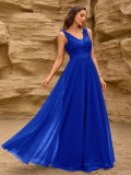 Patchwork Elastic Waist Sleeveless Double V Neck Evening Gown with Embroidered Tulle Elegant Long Swing Party Dress