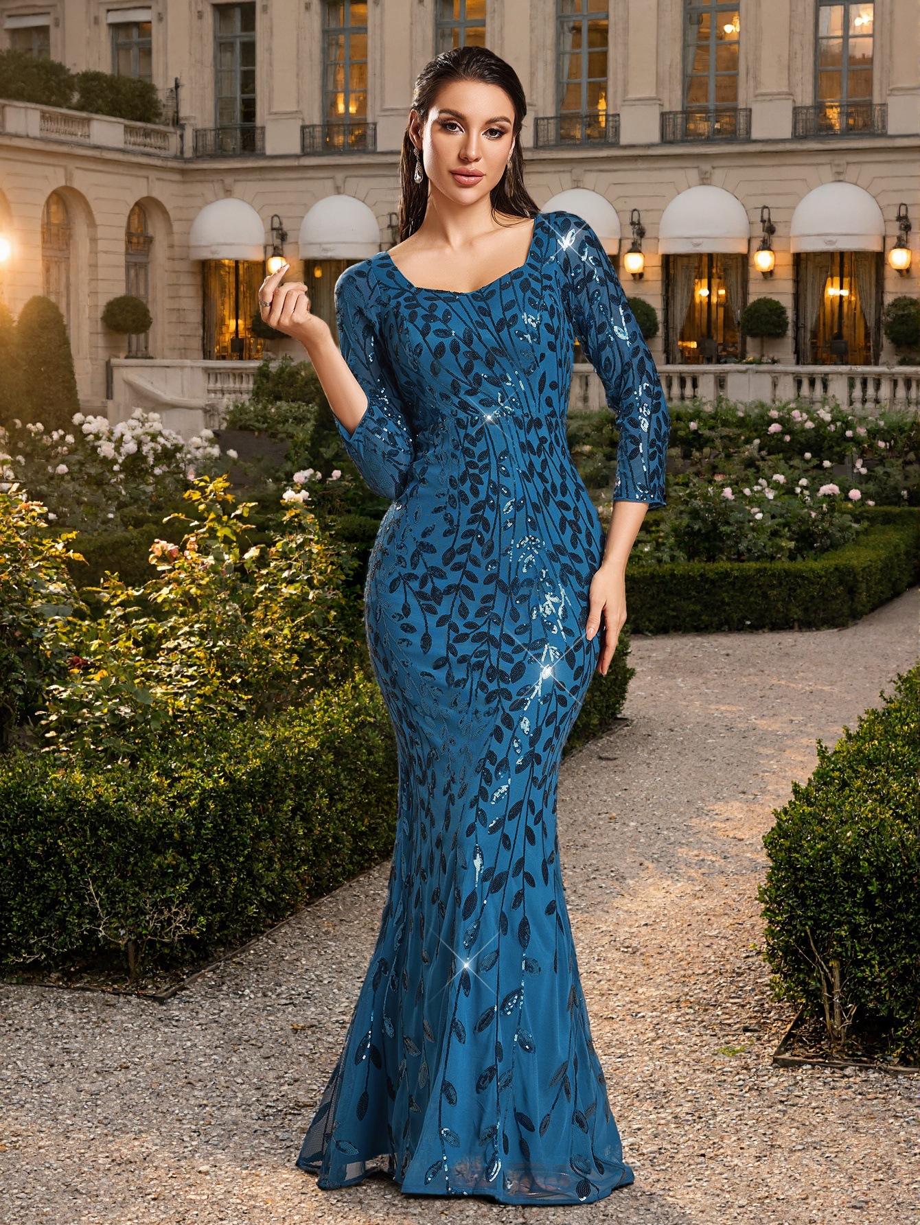 Sequin Round Neck Half Sleeve Mermaid Evening Gown