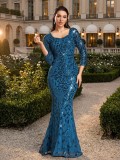 Women Spring Summer Sequin Round Neck Half Sleeve Mermaid Evening Gown Formal Party Dress