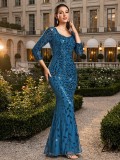 Women Spring Summer Sequin Round Neck Half Sleeve Mermaid Evening Gown Formal Party Dress