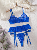 Women Sexy See Through Lace Hollow Out Three Piece Lingerie Set Nightwear