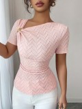 Women Sexy Asymmetrical Neckline Metallic Short-Sleeve T-Shirt