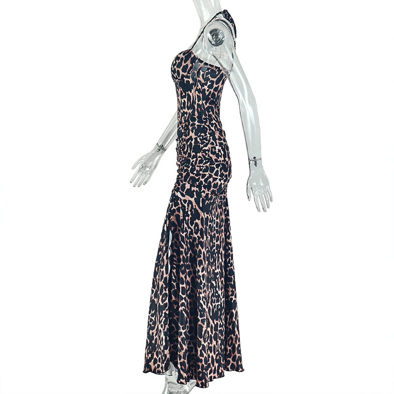 Slit Irregular Backless Strapless Leopard Print Braided Dress