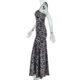 Women Elegant Slit Irregular Backless Strapless Leopard Print Braided Dress