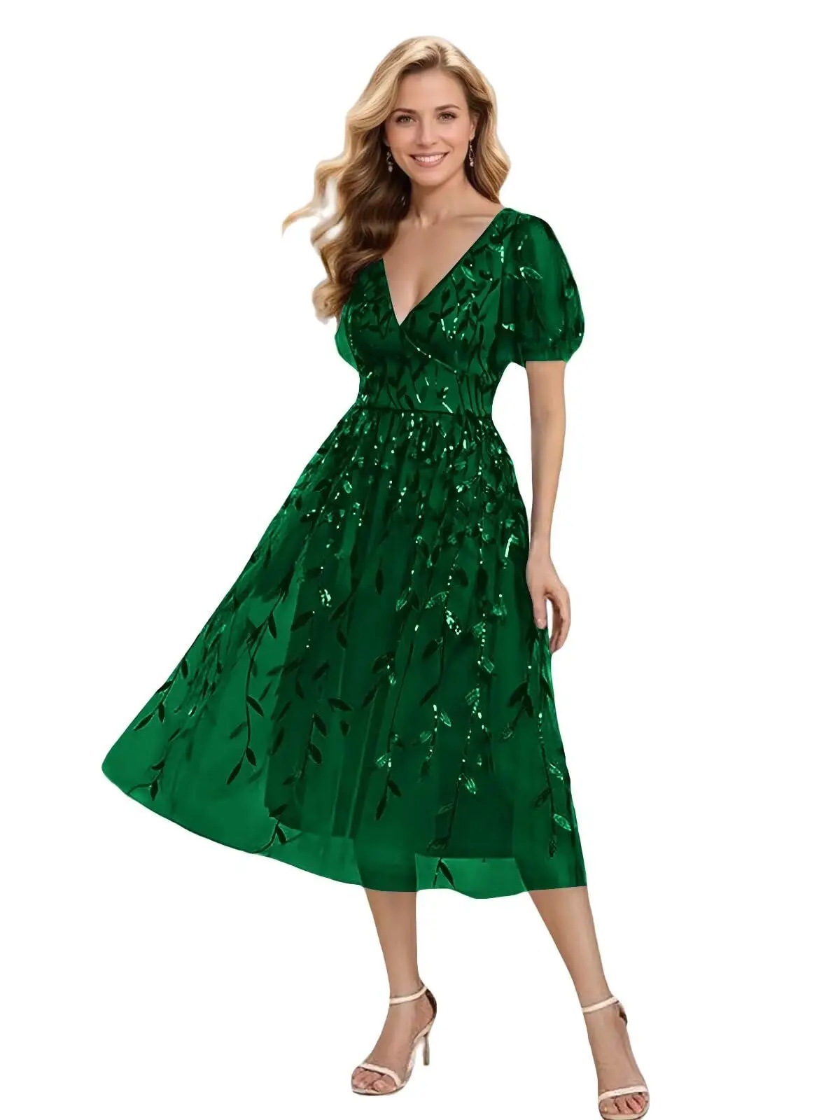 Sequin Embroidered V-Neck Short Sleeve Midi Prom Gown