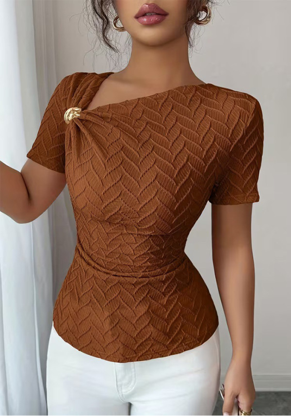 Women Sexy Asymmetrical Neckline Metallic Short-Sleeve T-Shirt