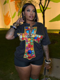Women Washed Oversized Cross Print Rhinestone Top T-Shirt